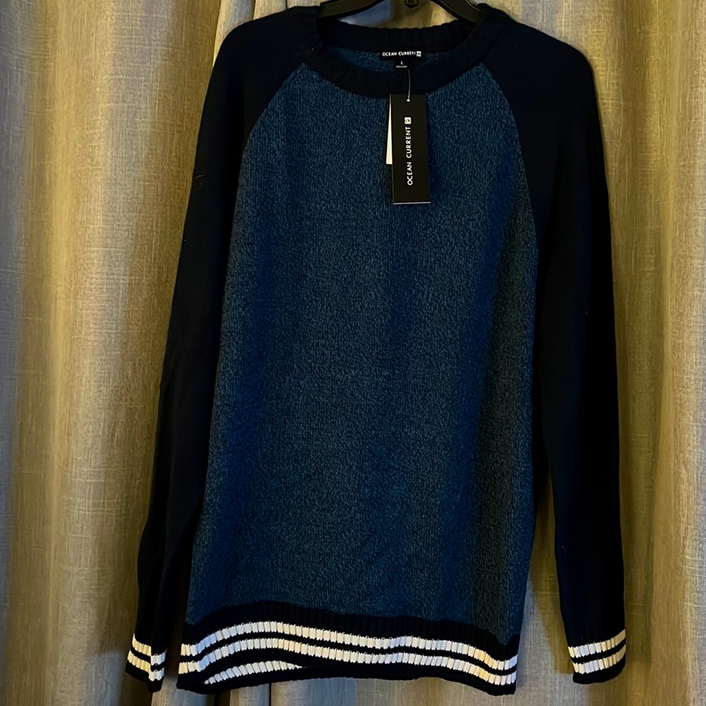 Men’s Ocean Current Crew Neck Blue Sweater with Navy Sleeves, White Stripes NWT